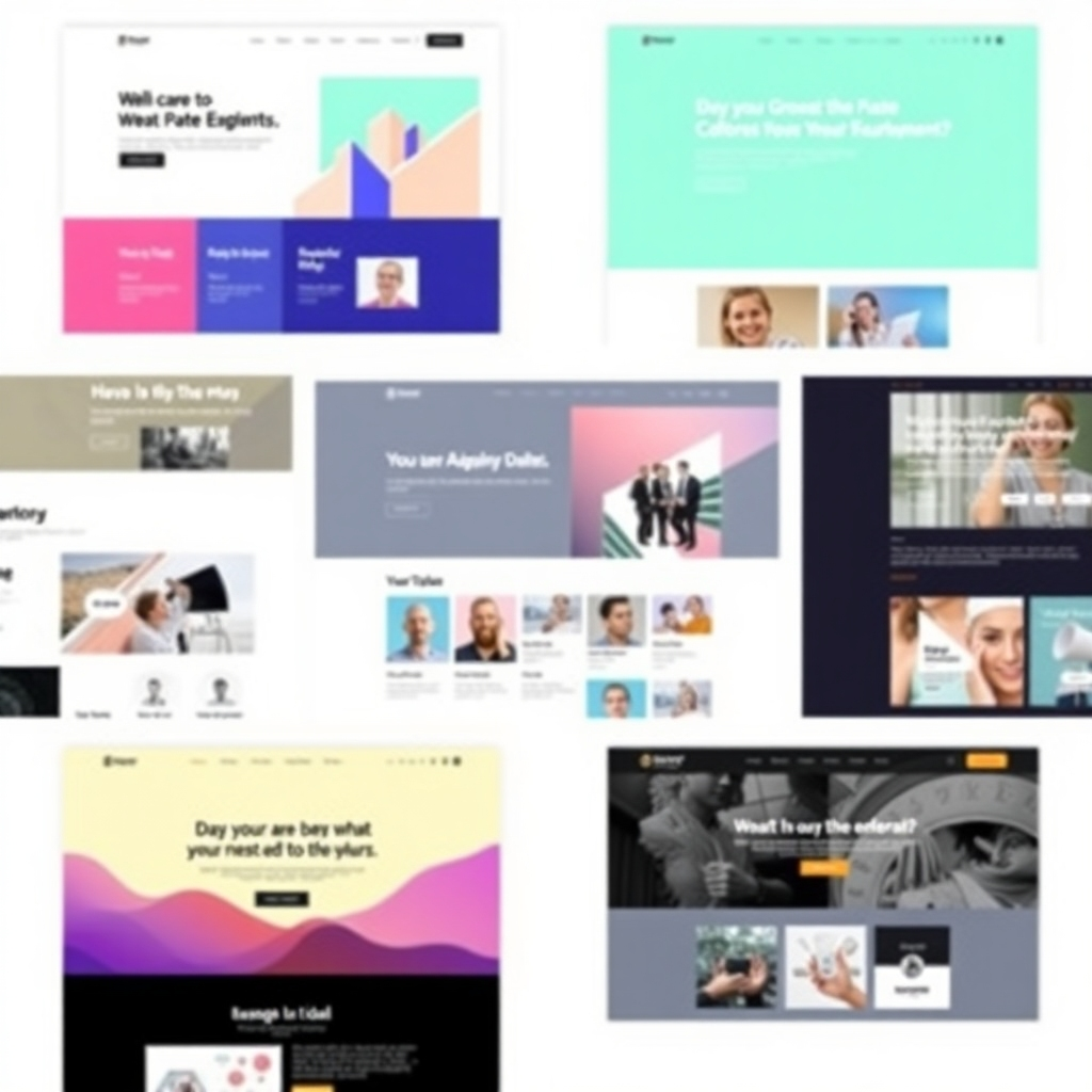 A collage of different website designs, each representing a unique brand or business. Show a variety of styles, from minimalist to elaborate, to highlight design flexibility.  Ensure diversity in visuals, design styles and layouts. Show how adaptable the design is to different business needs.