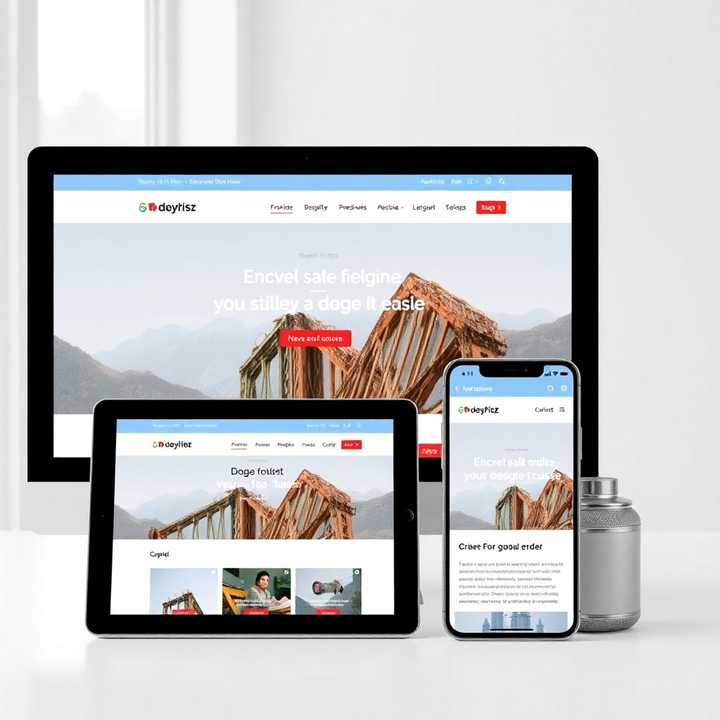 A mockup showing the same website design rendered on multiple devices (desktop, tablet, smartphone). Ensure the designs are responsive and adapt seamlessly across different screen sizes. Show clear visualization of responsiveness and compatibility across various platforms. Highlight flawless transition across all devices.