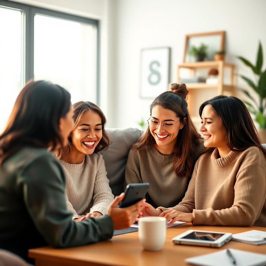 A photorealistic image depicting happy customers interacting with a website or app. The scene could be set in a home or office environment. Focus on positive emotions and create a mood of satisfaction. Show diversity in the customer demographic. Use soft, natural lighting and focus on the emotional connection between the customer and brand.