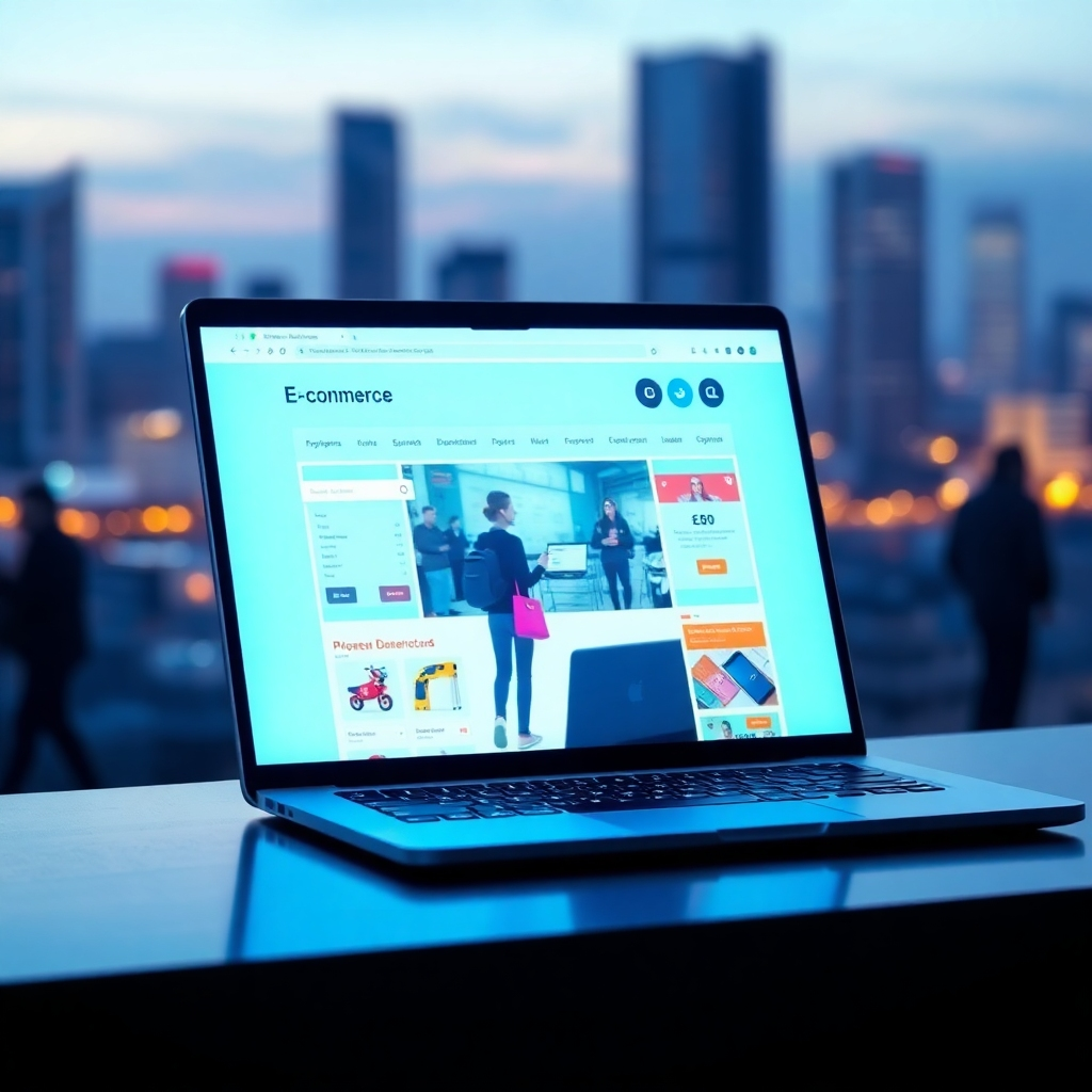 A photorealistic image of a glowing laptop screen with an e-commerce website displayed, showing active customers purchasing products. The background could feature a blurred city skyline at night, suggesting continuous business activity. Lighting should highlight the screen and convey a sense of modern technology. The overall style should aim for a futuristic feel, combining sleek design with vibrant colors and a strong sense of interactivity.