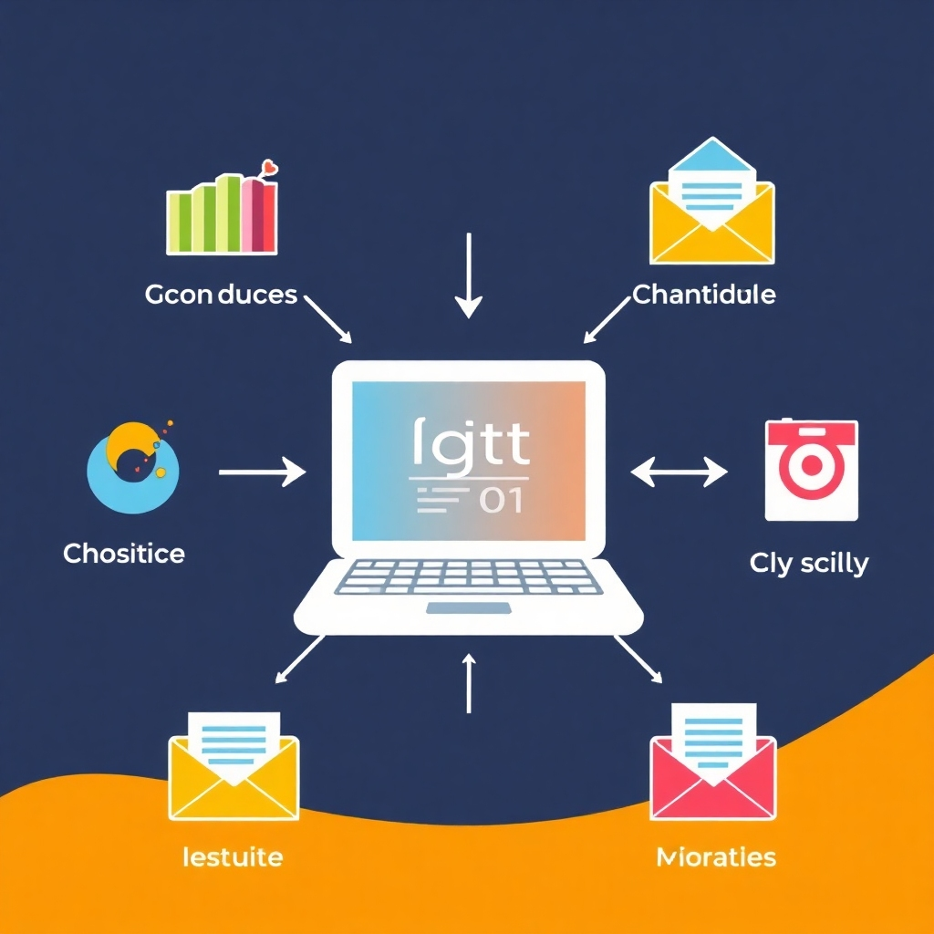 A stylized graphic showing various digital marketing channels (search engines, social media, email marketing) connected to a central website. Use arrows or data streams to visually represent the interaction. The style should be modern and tech-savvy, using bright colors and sleek graphics to capture attention. The image should be easy to understand and visually appealing.